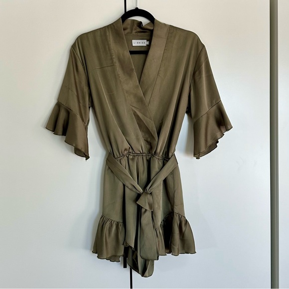 Satin Olive Ruffle Romper - Picture 1 of 6